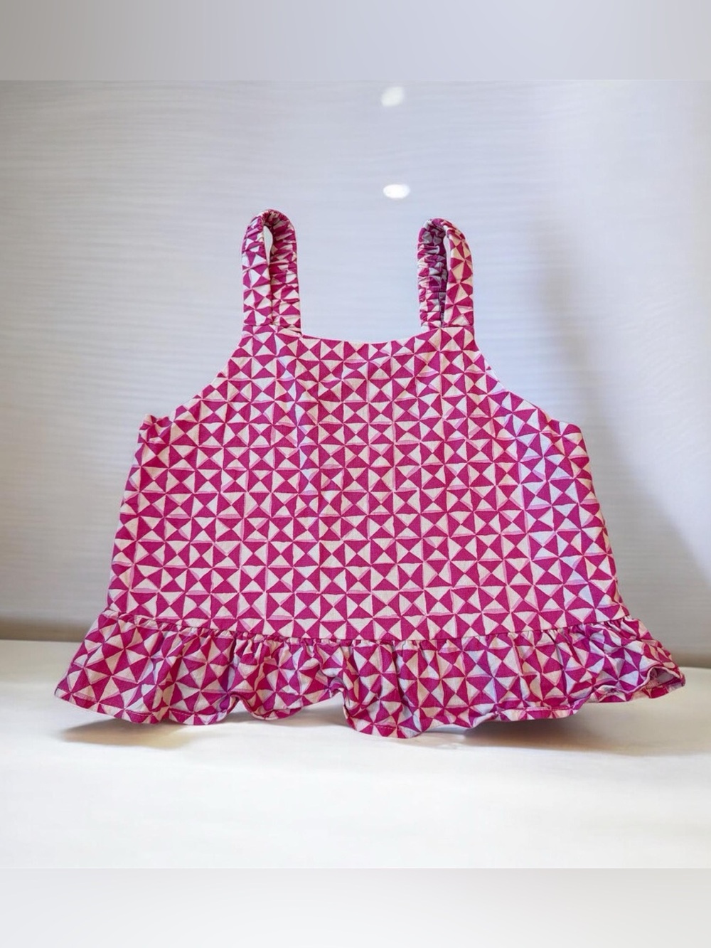 Zara Pink and White Geometric Ruffle Hem Tank Top